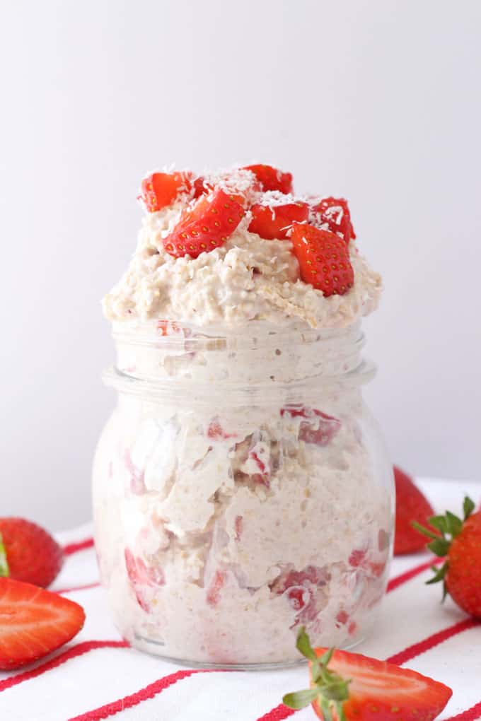 So easy to make and super healthy, these Strawberry Shortcake Overnight Oats honestly taste like strawberry ice cream and are sure to be a hit with the kids!