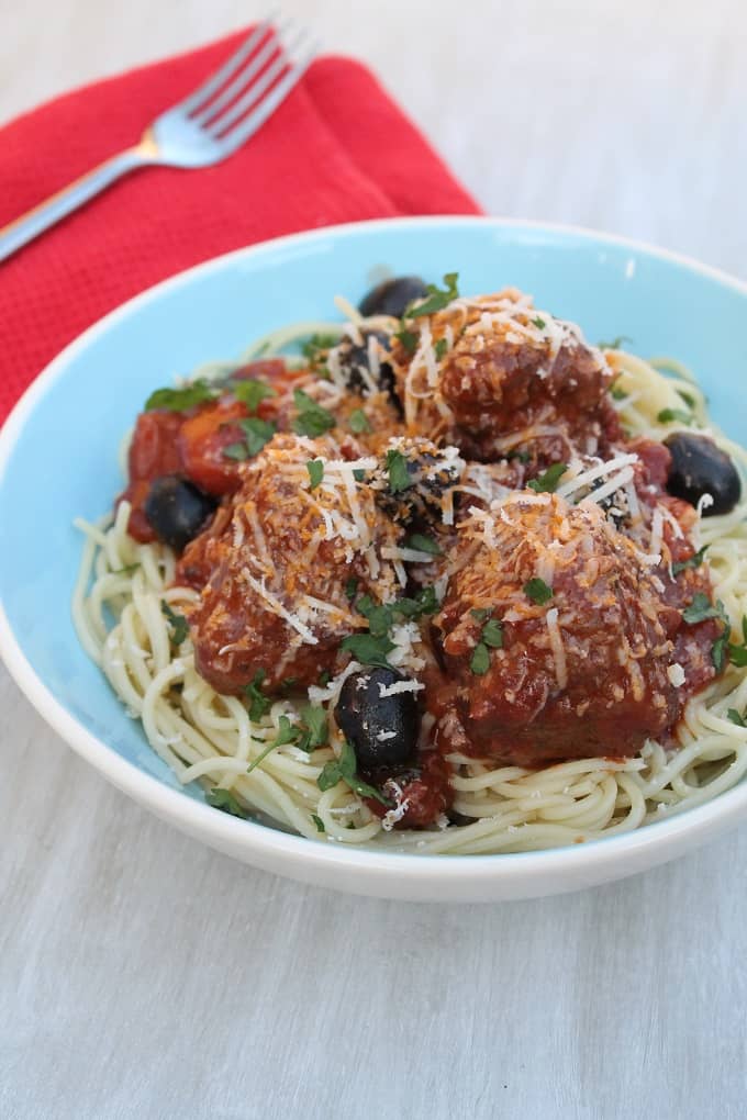 Meatballs in Chorizo & Black Olive Sauce