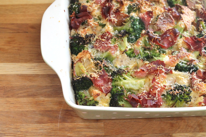 Parmesan bread pudding in a baking dish