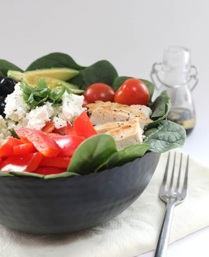 protein packed salad served in a black bowl