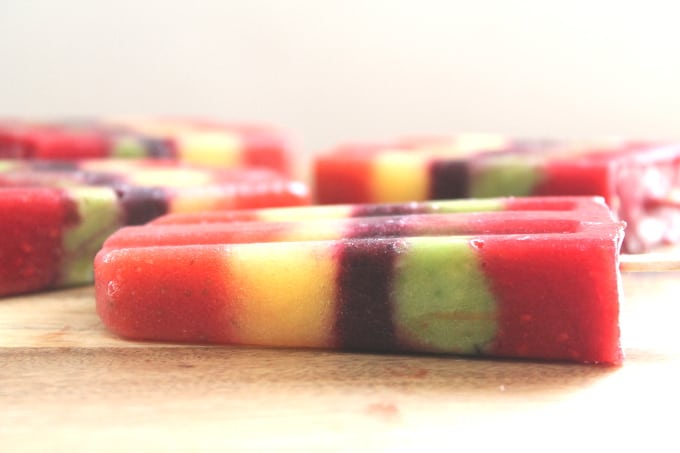 fruit ice pop side view showing different coloured layers