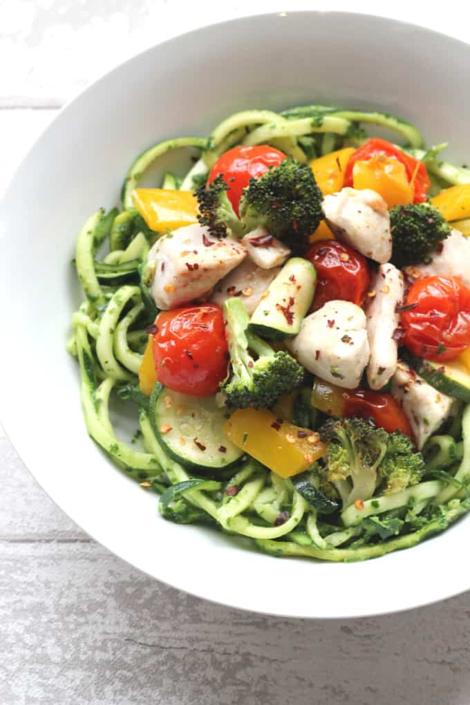 Roasted Chicken & Veg Courgetti with Creamy Pesto served in a white bowl