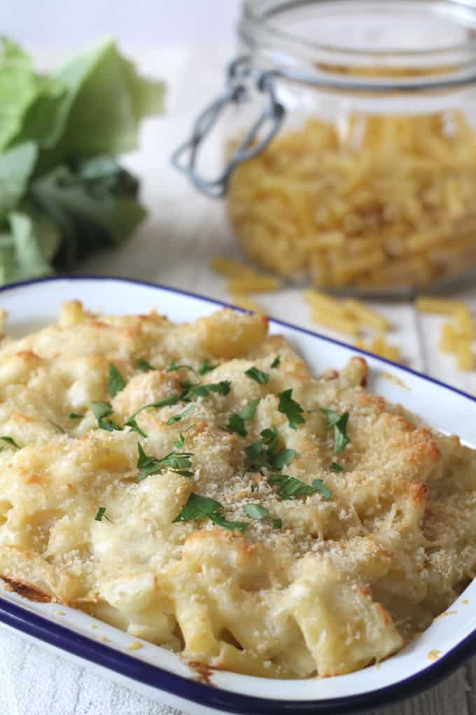vegan macaroni cheese in a metal blue and white ovenproof dish 