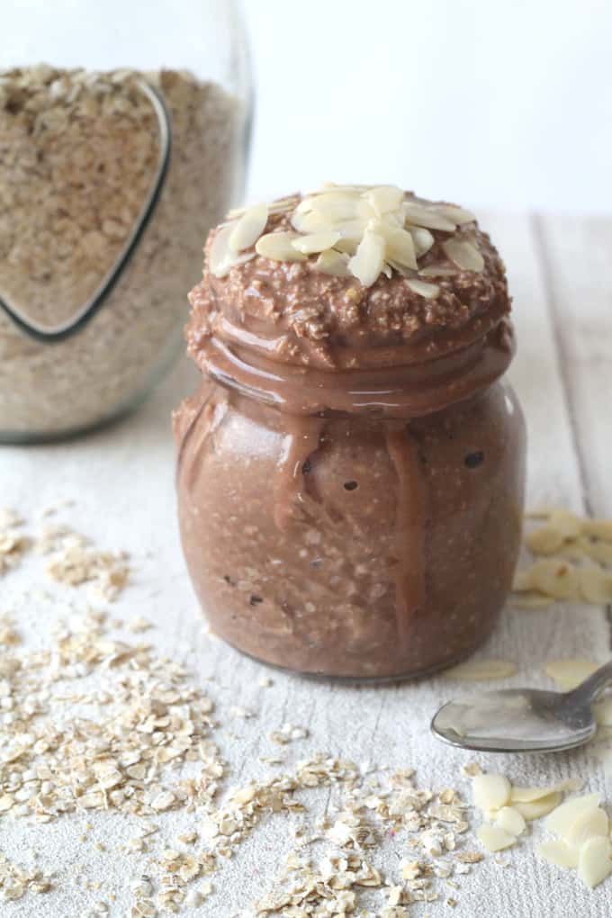 chocolate overnight oats in a glass jar