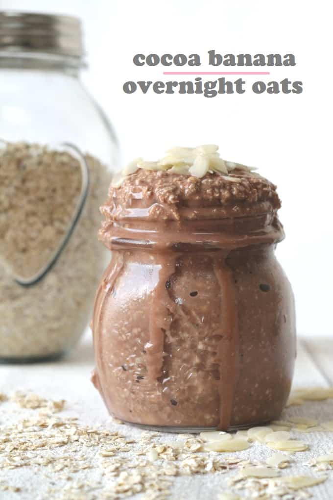 cocoa banana overnight oats in a glass jar topped with flaked almonds