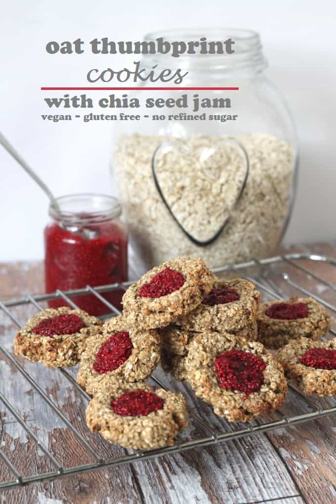oat thumbprint cookies with chia seed jam on a metal cooling rack
