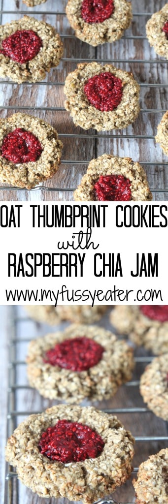 A healthy version of the classic jam thumbprint cookies. Made with oats, bananas & almond milk these cookies are gluten and dairy free with no refined sugar