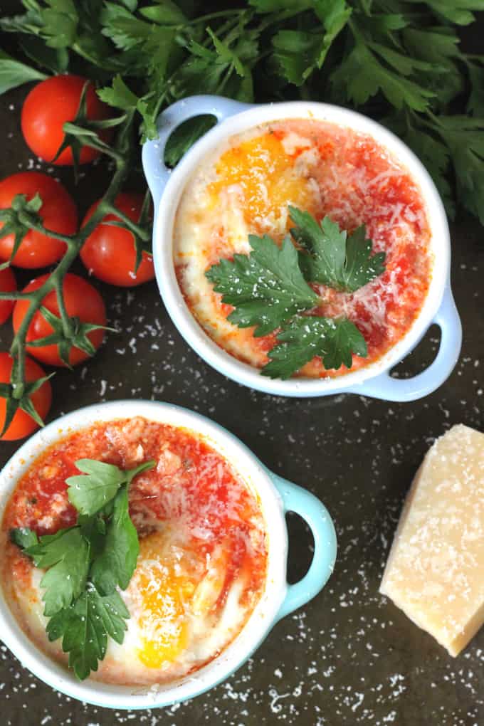 baked eggs chopped tomato chorizo parmesan