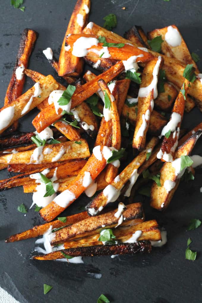 carrot parsnip fries with creme fraiche and fresh herbs