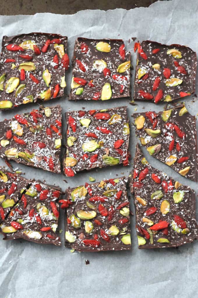 superfood dark chocolate bark broken into pieces