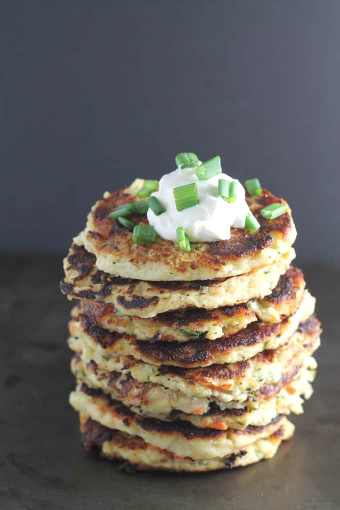 fritters served with creme fraiche and spring onions