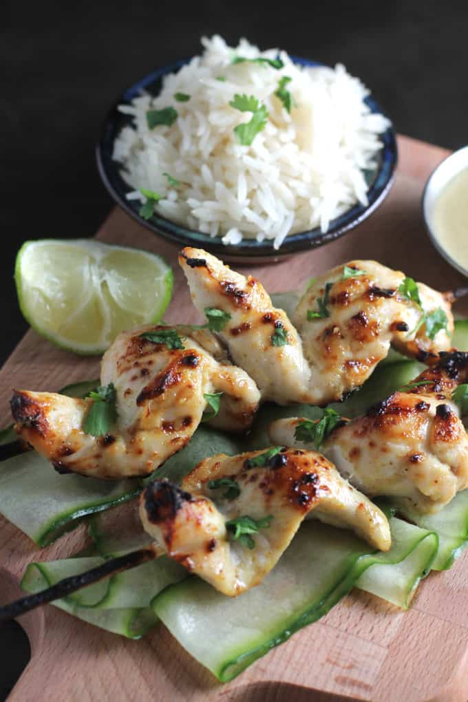 close up of the easy chicken satay skewers for kids