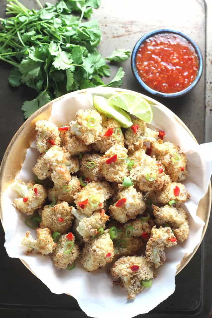baked salt and pepper cauliflower bites with sweet chilli sauce
