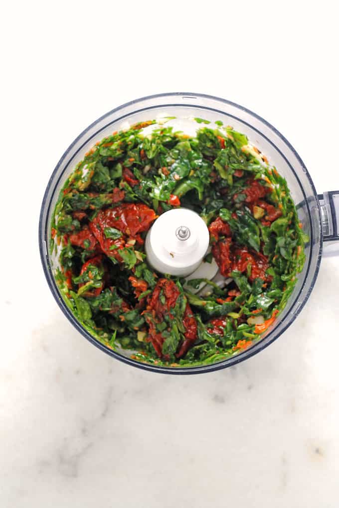 Sundried Tomato and Spinach Pesto in a food processor