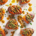 smashed sweet potatoes with pesto