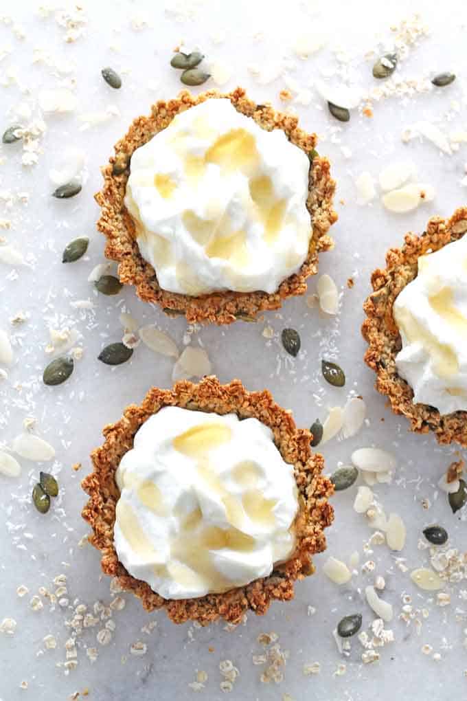 granola crust tart now filled with yogurt and drizzled with honey