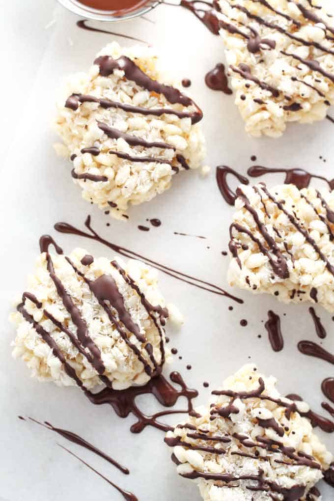 healthy coconut chocolate rice krispie treats close up