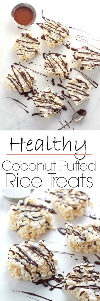 Gluten and dairy free, these Coconut Puffed Rice Treats are super tasty and healthy but contain no marshmallow or refined white sugar!