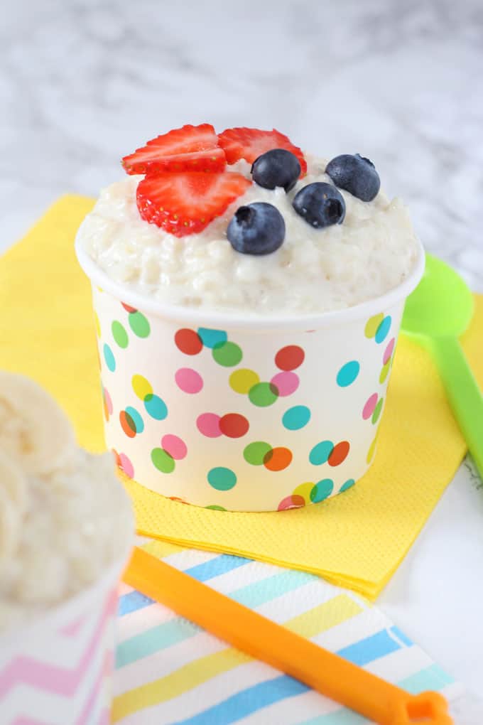 sugar free rice pudding topped with strawberries & blueberries