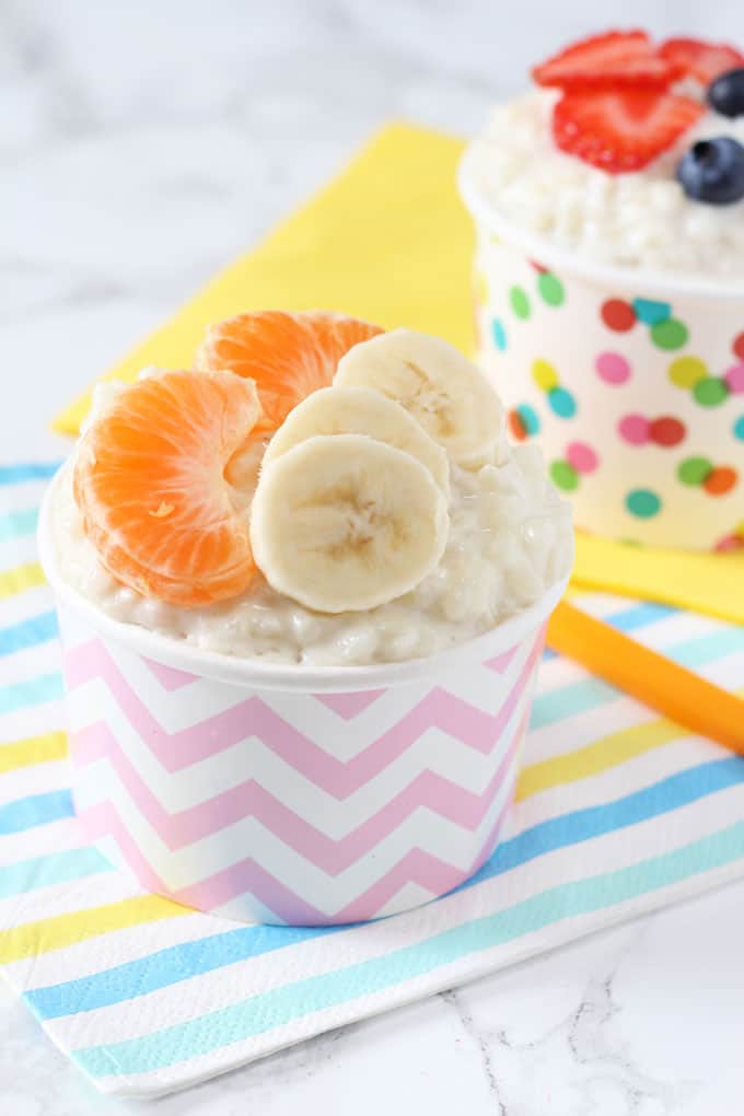 sugar free rice pudding topped with banana & satsumas