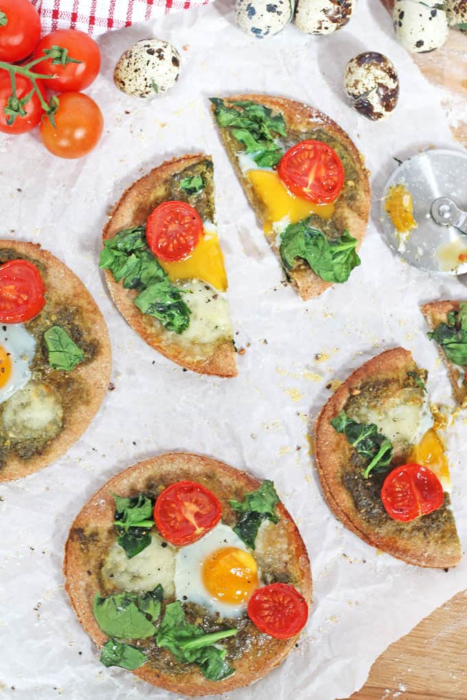 Breakfast Pizza with Quail Eggs, Spinach & Tomato | My Fussy Eater Blog