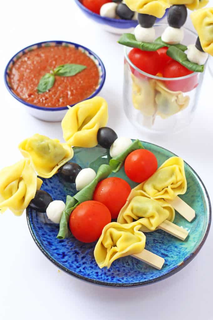 Caprese Tortellini Skewers with Tomato & Basil Dip