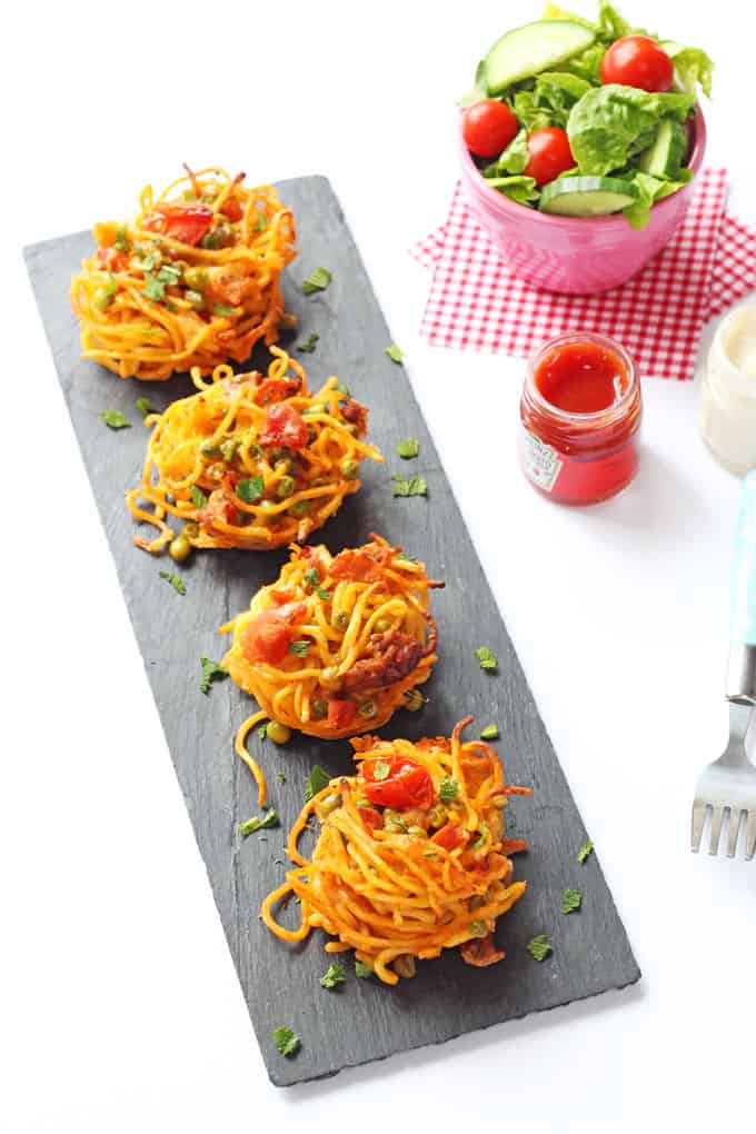 Use that leftover spaghetti to make these easy and delicious Leftover Spaghetti Nests! | My Fussy Eater Blog