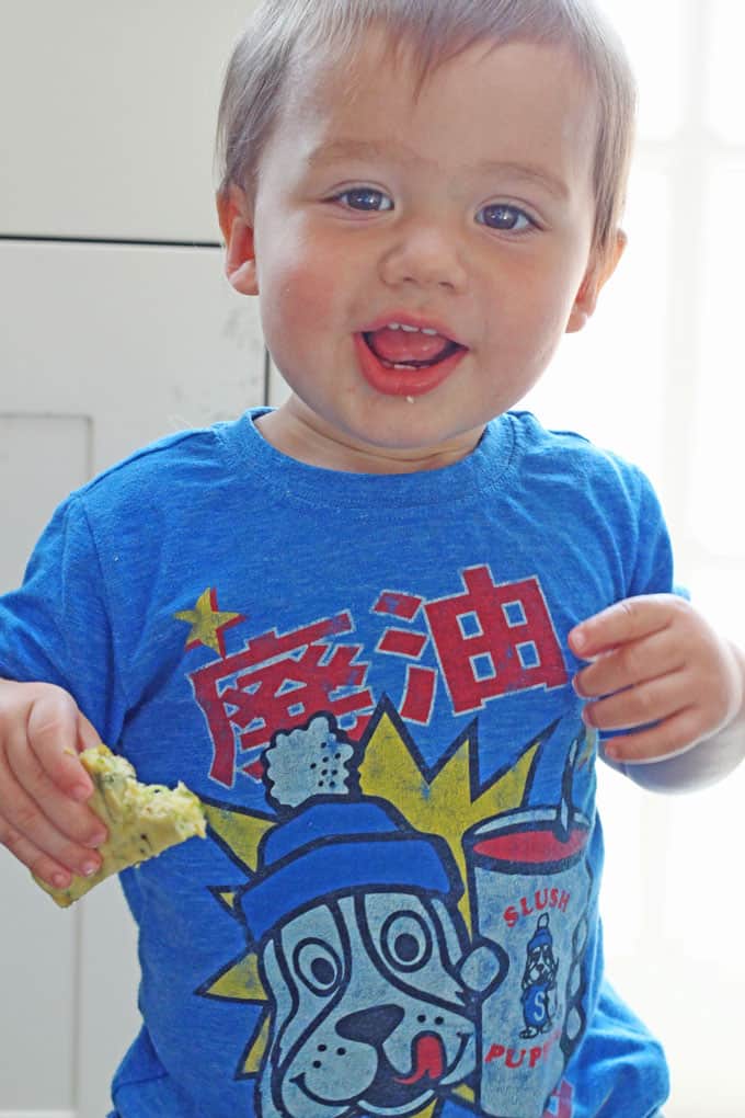 toddler eating frittata fingers