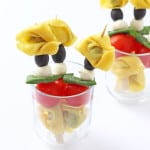 A fun way of serving tortellini.; on a stick with tomato, mozarella and basil. Great for kids and picky eaters!