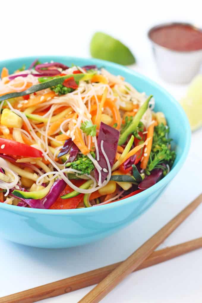 Rice Noodle Salad served in a blue bowl with wooden chopsticks