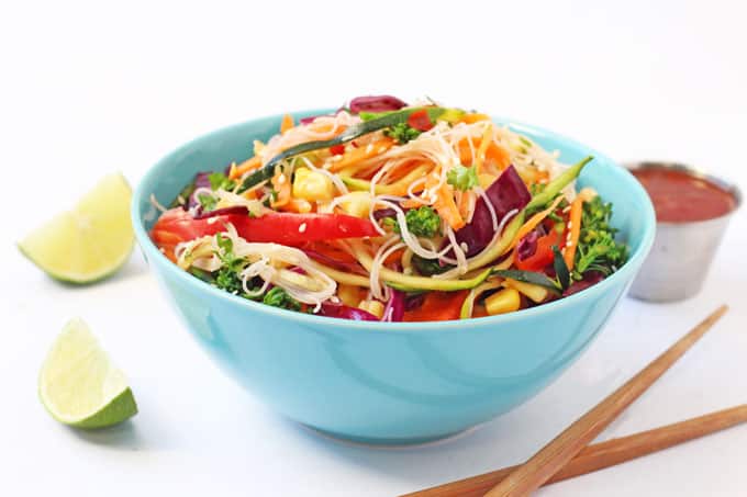 the vegetarian rice noodle salad with fresh lime quarters and a small pot of sweet chilli sauce.