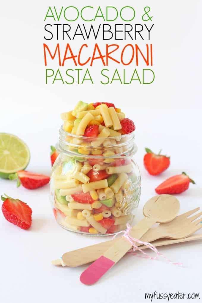 A delicious combination of avocado and strawberry makes this macaroni salad recipe the perfect summer meal and great for kids! | My Fussy Eater blog