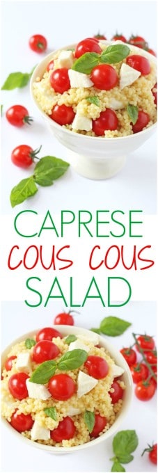 A fresh and colourful summer salad recipe made with giant cous cous, mozarella, cherry tomatoes and basil | My Fussy Eater blog