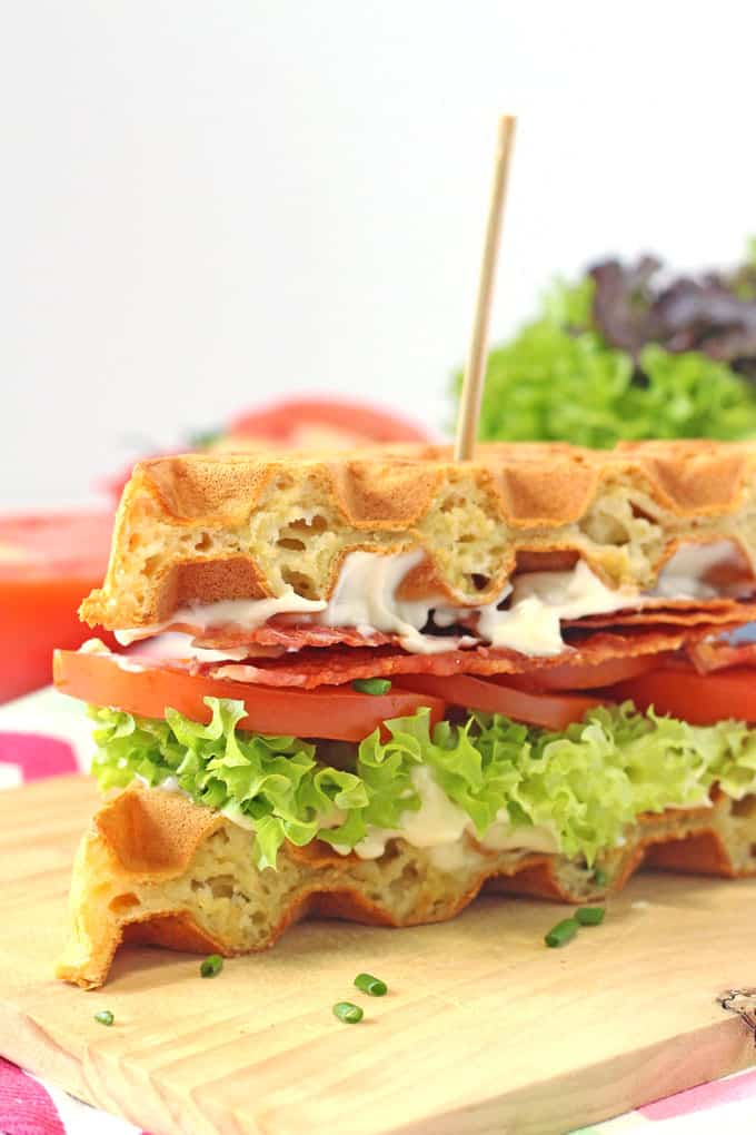 A delicious BLT sandwich made with savoury cheddar and chives waffles! | My Fussy Eater blog