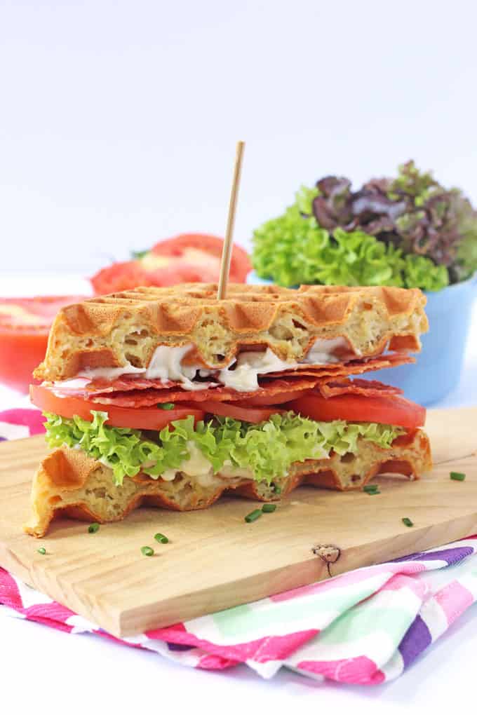 A delicious BLT sandwich made with savoury cheddar and chives waffles! | My Fussy Eater blog