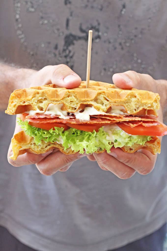 A delicious BLT sandwich made with savoury cheddar and chives waffles! | My Fussy Eater blog