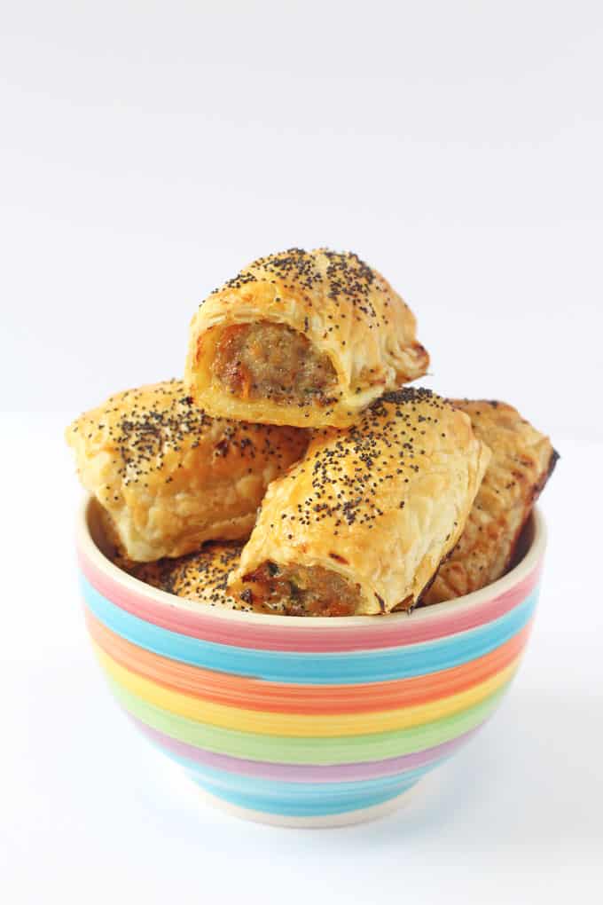 hidden veggie sausage rolls in a bowl