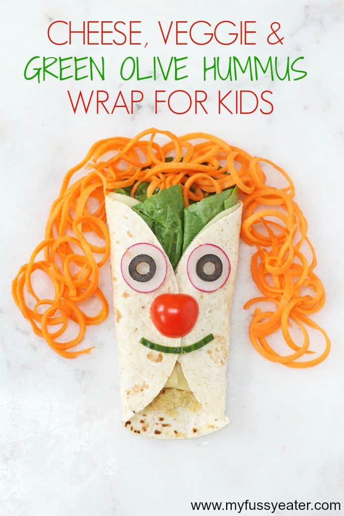 cheese, veggie & green olive hummus wrap for kids