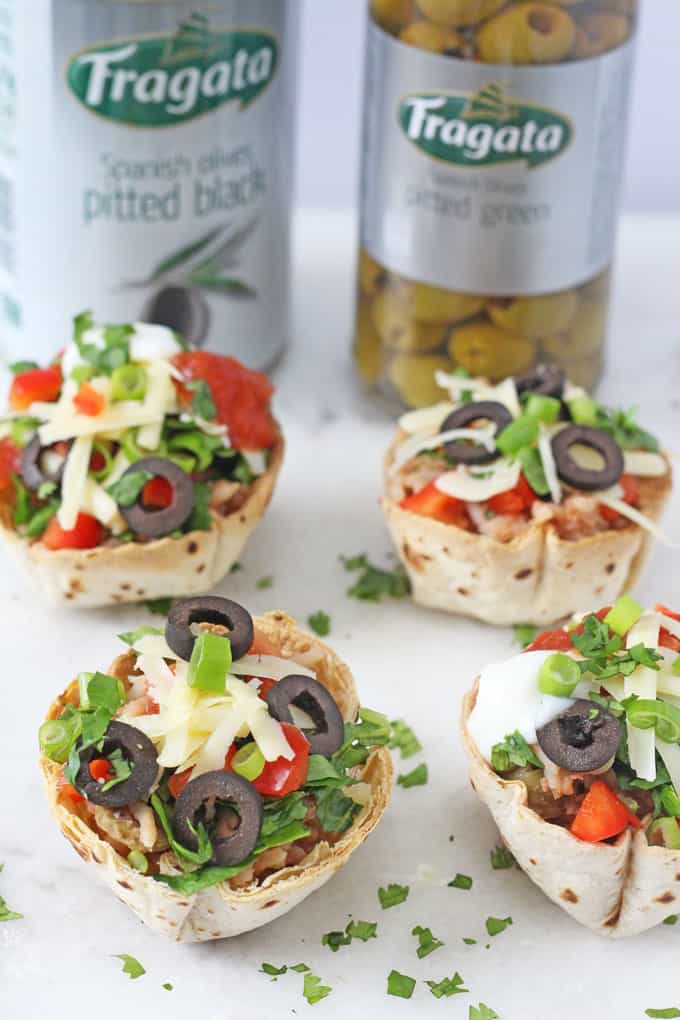 Use up leftover chilli and make these quick and easy Taco Cups filled with green and black olives, cheese and red peppers | My Fussy Eater blog