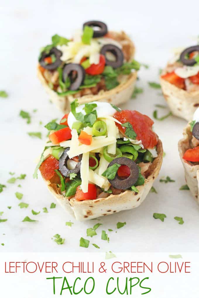 Use up leftover chilli and rice to make these quick and easy Taco Cups filled with green and black olives, cheese and red peppers | My Fussy Eater blog