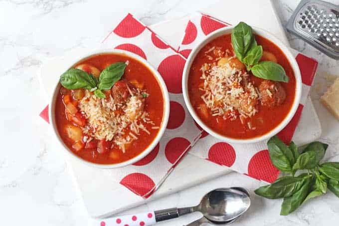 A delicious, warm and comforting Italian Meatball & Gnocchi Soup recipe. A super easy family meal made in the slow cooker. Minimum effort, maximum taste!