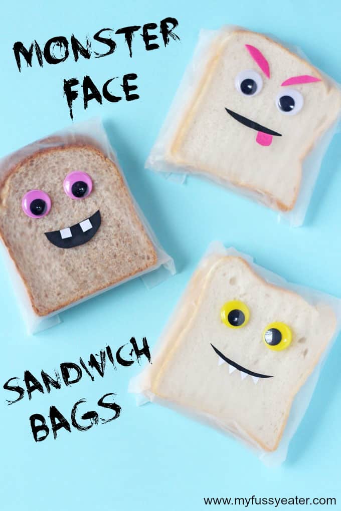 Make lunchtime fun for kids by popping one of these Monster Face Sandwich Bags in their lunchbox. Using plastic eyes and coloured paper to make fun monster faces! | My Fussy Eater blog