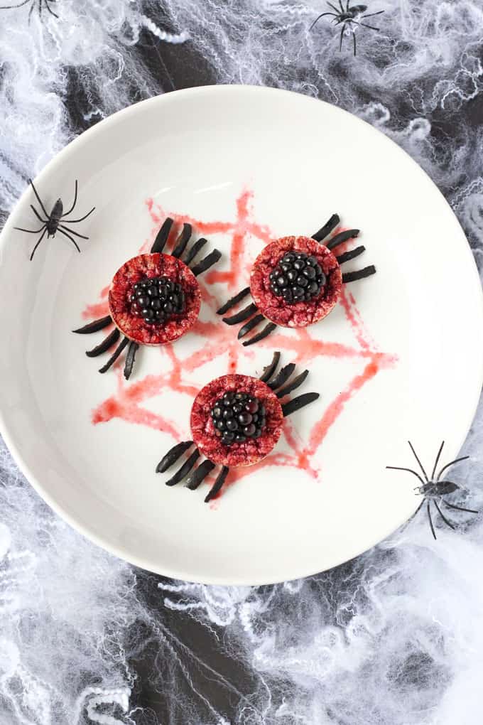 spooky spider rice cakes on a white plate on a cobweb background  