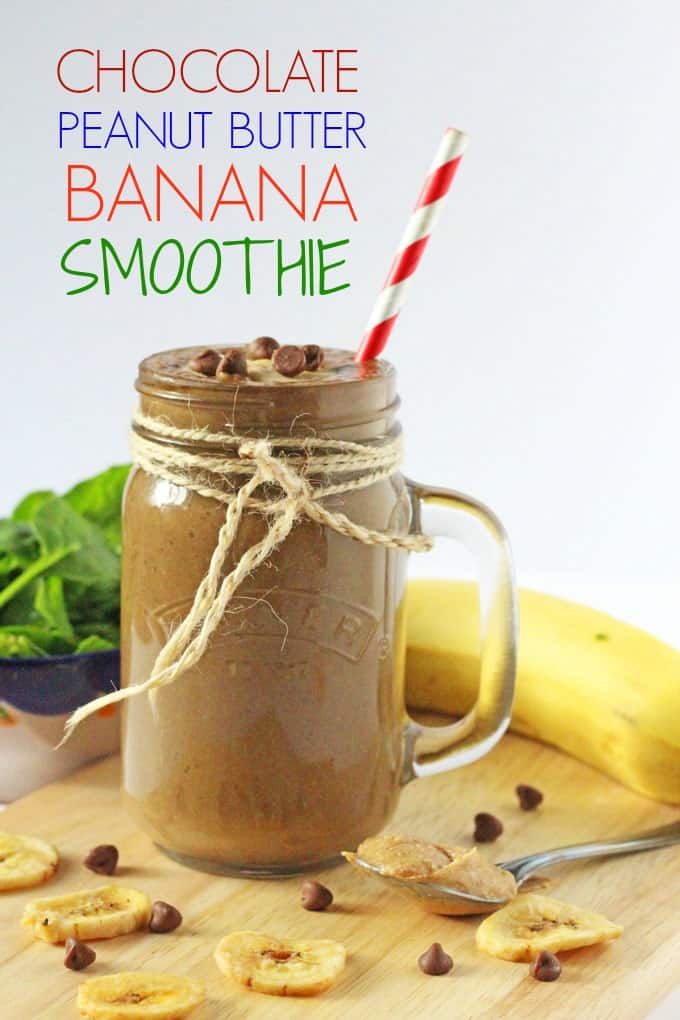 chocolate peanut butter smoothie served in a mason jar glass with slices of banana and chocolate chips in the foreground.