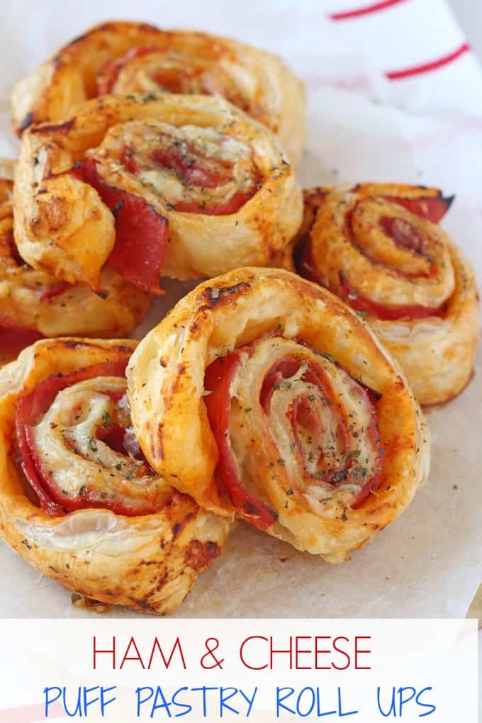 Delicious Ham & Cheese Roll Ups made with puff pastry