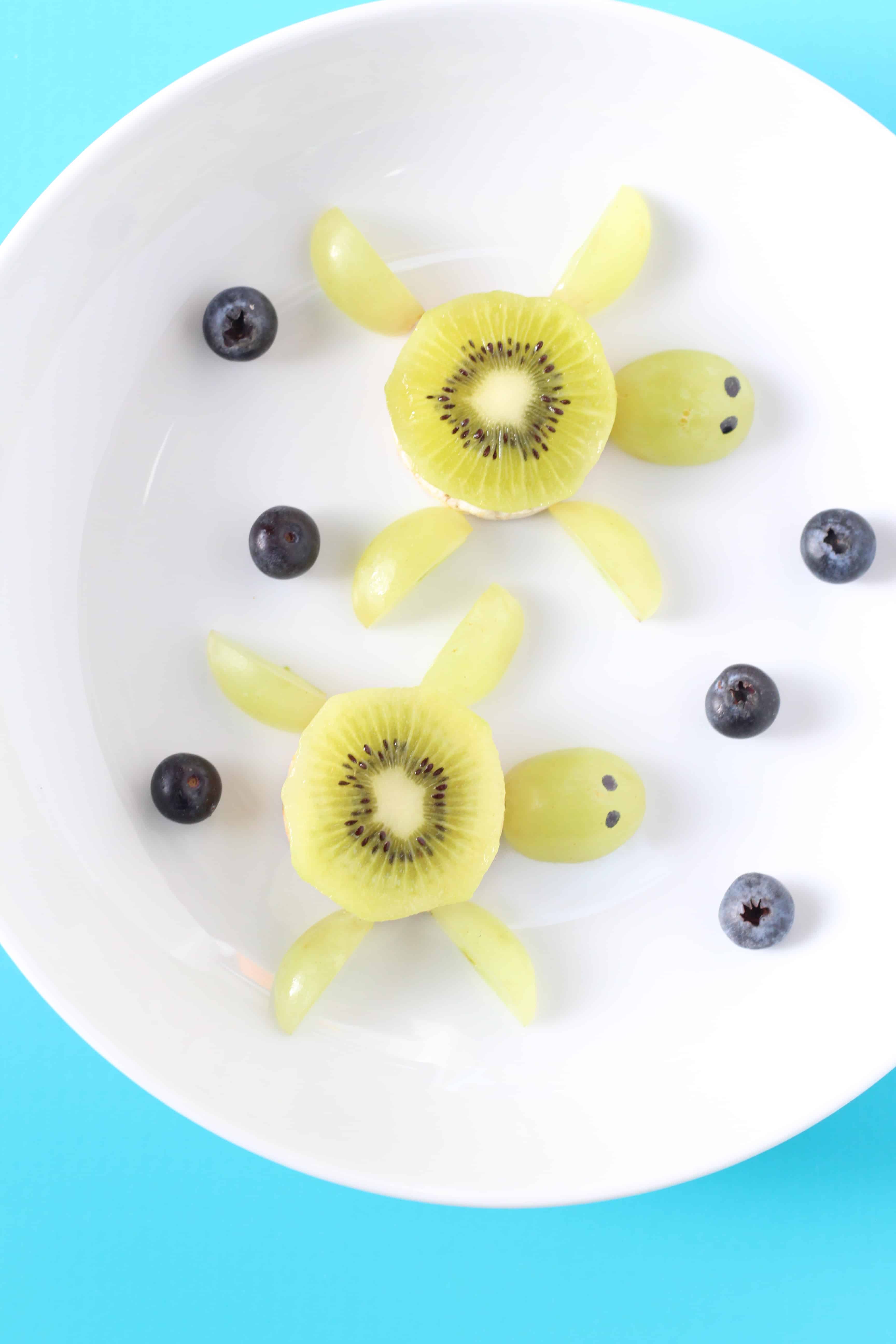 toddler rice cake snacks made into turtles served with blueberries on a plate