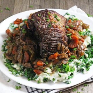 An easy and tasty recipe for beef brisket, slow cooked in a red wine stock and served with kale mash | My Fussy Eater blog