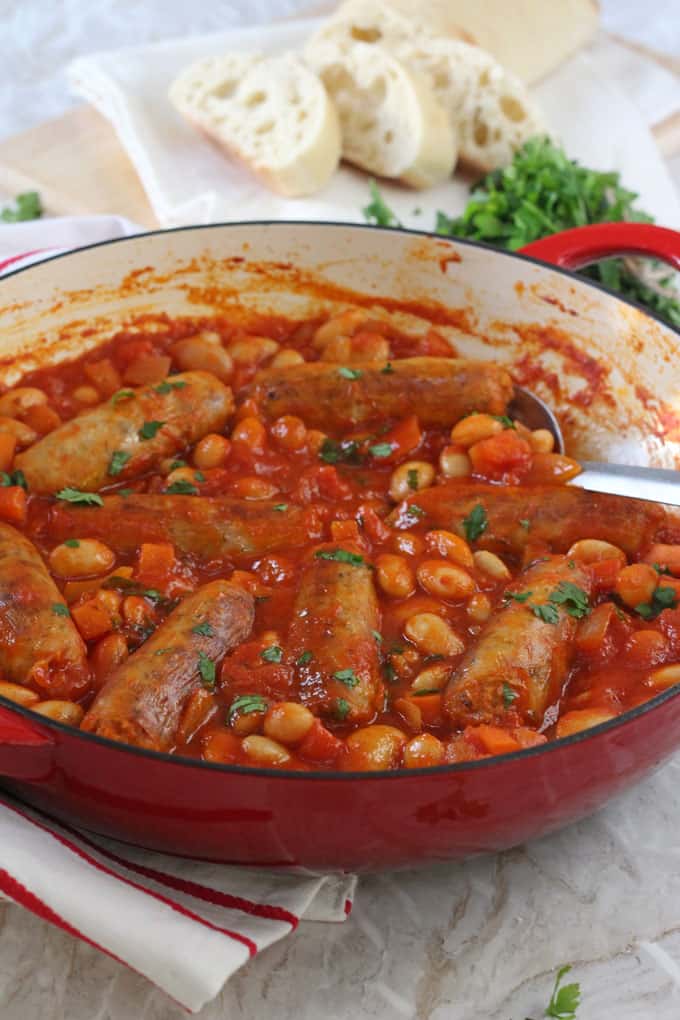 A quick and easy family dinner recipe; Sausage & Butterbean Casserole, cooked on the hob in less than 30 minutes! My Fussy Eater blog