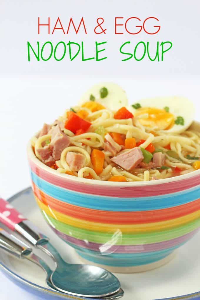 Ham & Egg Noodle Soup in a multicoloured bowl