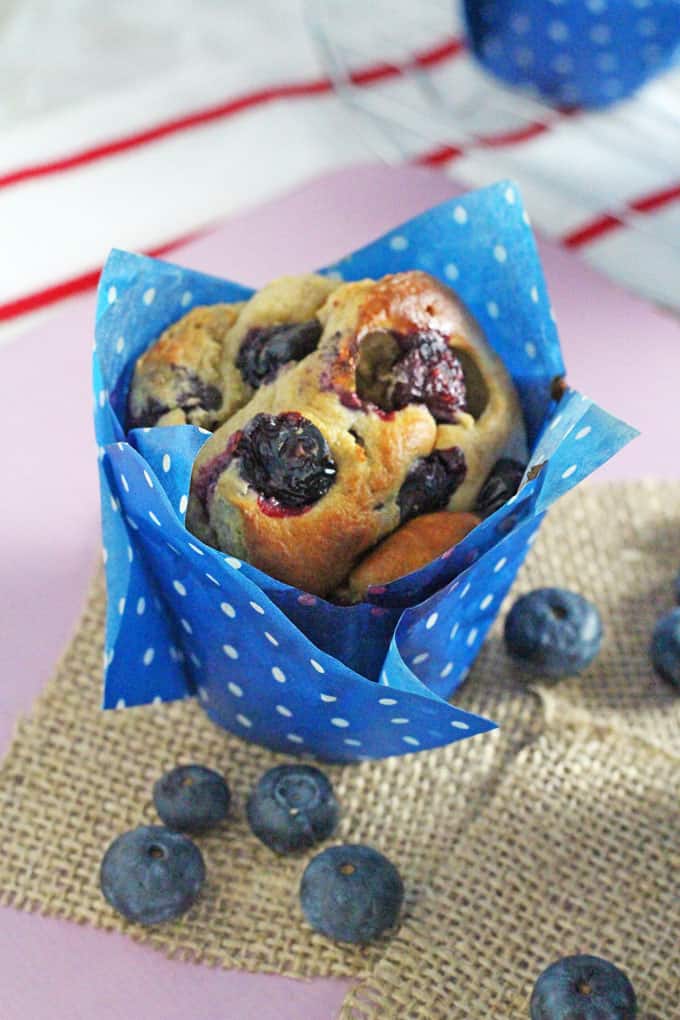 Oat & Blueberry Muffin in a blue and white polka dot muffin wrap